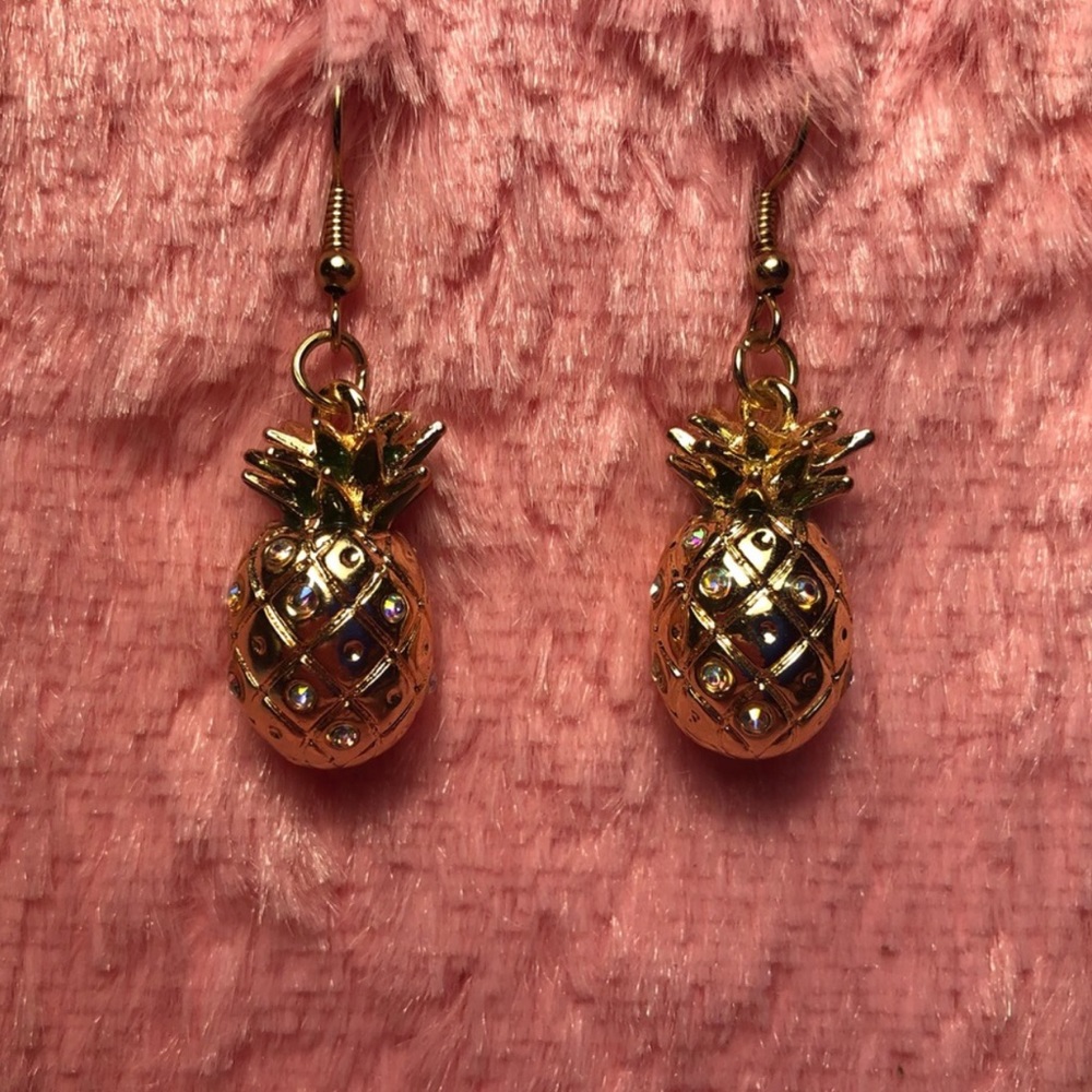 Gold Tone Pineapple Earrings w/ Rhinestones
